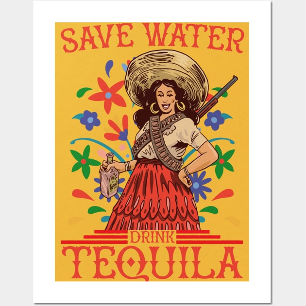 Save Water Drink Tequila - Funny Mexican Tequila Woman Art Wall Art by Emmi Fox Designs